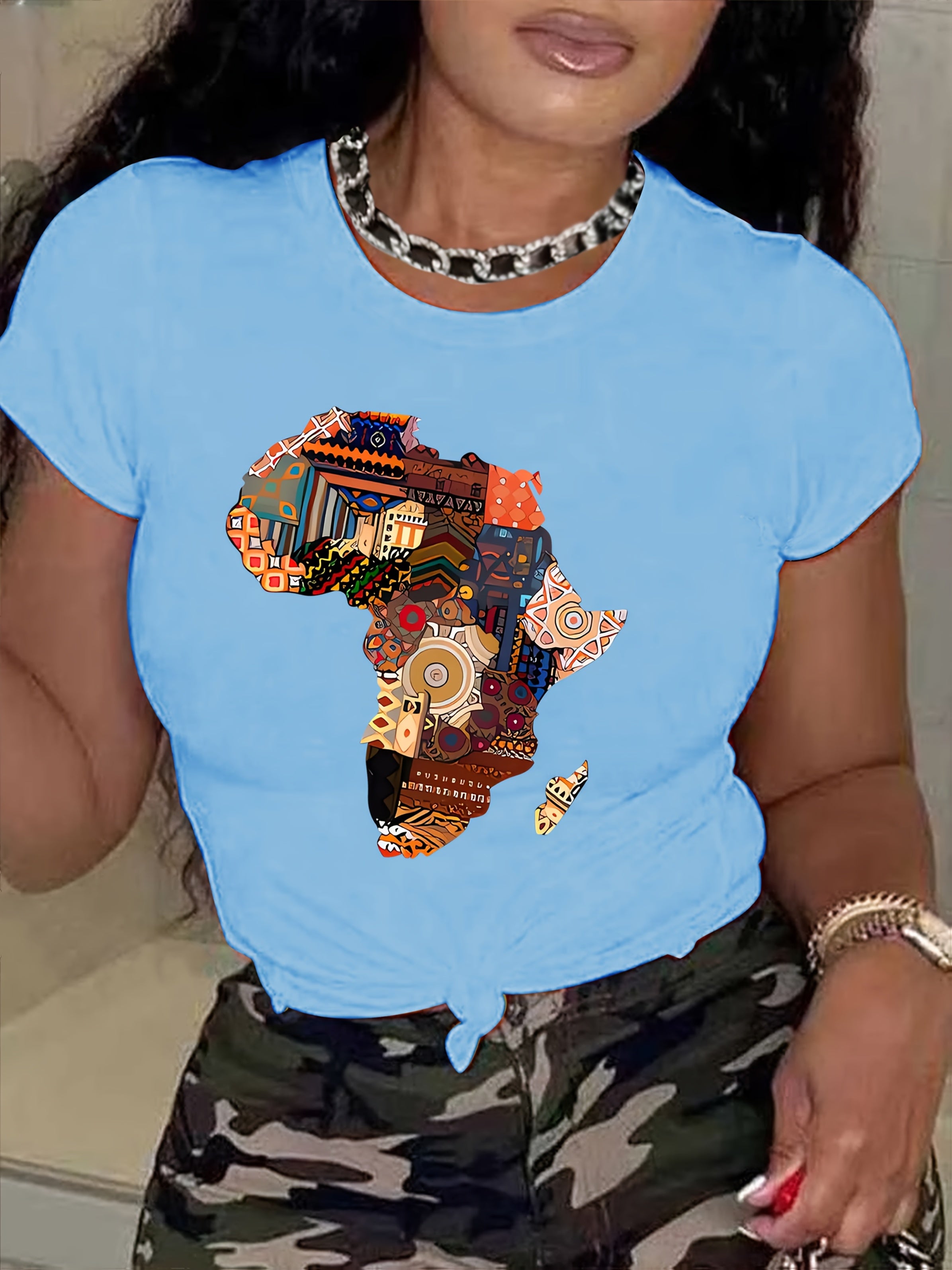 Women's African-Inspired Patchwork Print Casual Short Sleeve T-Shirt - Vibrant Red Round Neck Top with Cultural Motifs, Medium Stretch & Machine Washable for Spring/Summer, Casual Attire, Comfortable Fabric